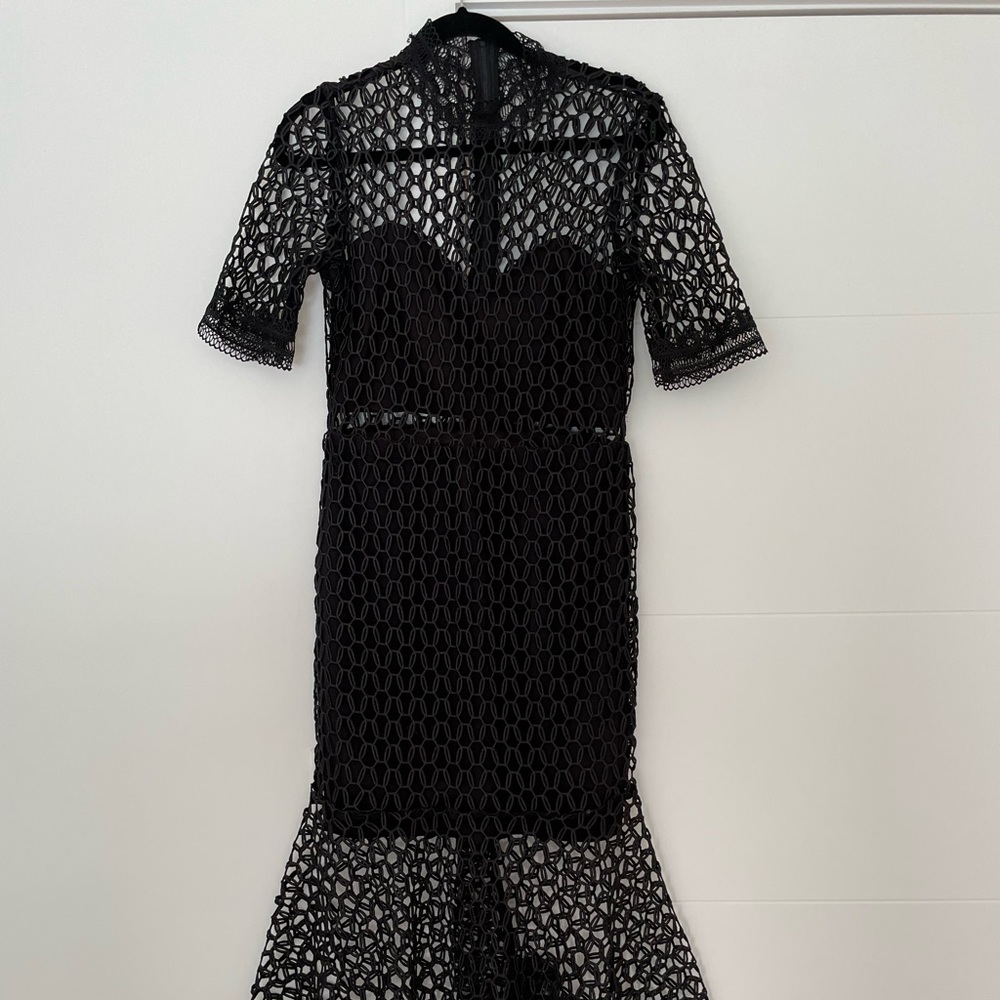 Bardot Sheer Flute-Hem Dress, Black